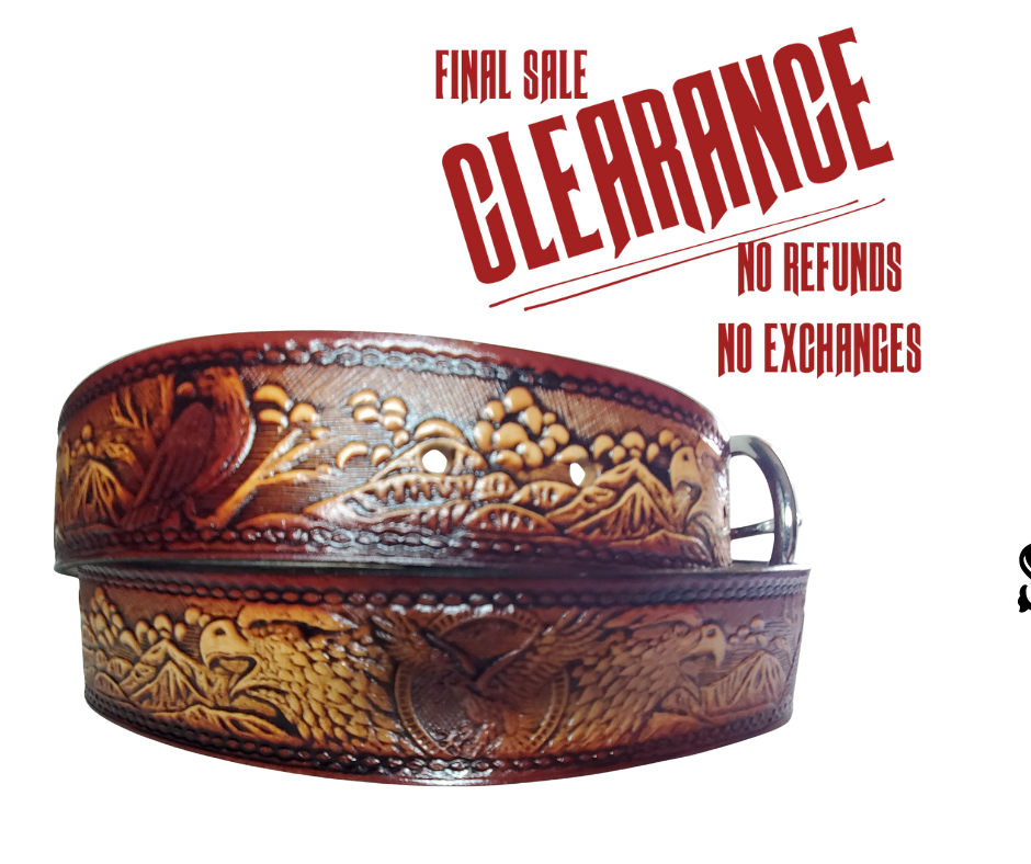 This All American Eagle leather belt features Wild Eagles in an antiqued Brown finish with a 1 1/2" width. It is crafted from full grain veg-tanned cowhide, with smooth burnished painted edges and a nickel-plated buckle. For customizing, simply type your desired name or No Name in the "Type Name Here" section,  the buckle can be easily interchanged as well. This product is in stock at our Smyrna, TN shop