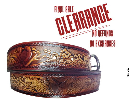 This All American Eagle leather belt features Wild Eagles in an antiqued Brown finish with a 1 1/2" width. It is crafted from full grain veg-tanned cowhide, with smooth burnished painted edges and a nickel-plated buckle. For customizing, simply type your desired name or No Name in the "Type Name Here" section,  the buckle can be easily interchanged as well. This product is in stock at our Smyrna, TN shop