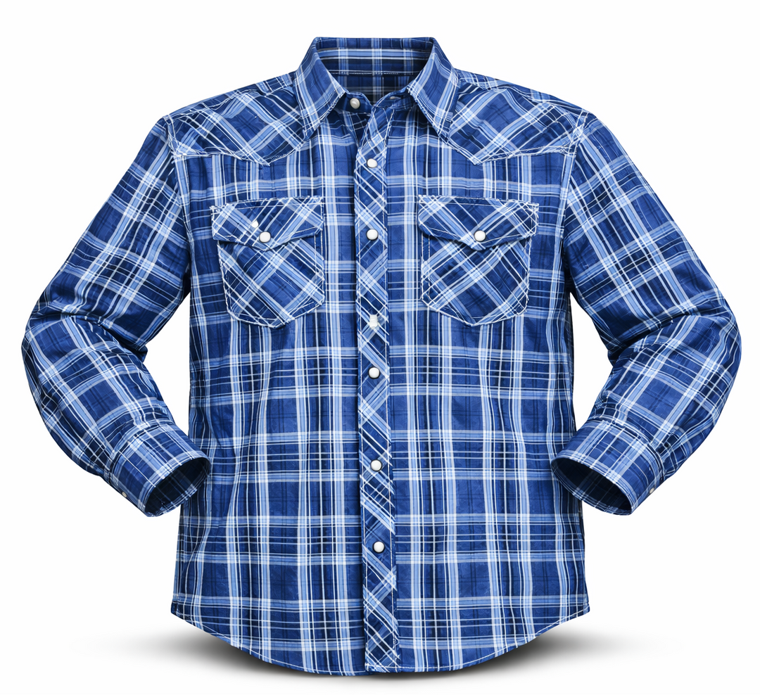 It doesn't get much anymore classic than a plaid pearl snap western shirt. Complete with two front flap pockets, pearl snap details in the vintage plaid pattern. These never go out of style, always a in style! Available in our Smyrna, TN shop just outside Nashville. Imported

Note: the Plaid colors Blue, Red, and Brown, or Black will always be the base color BUT the tones may change occasionally. The yokes ,snaps will be the same as well.

Details: Snaps, 2 Pockets, Yokes