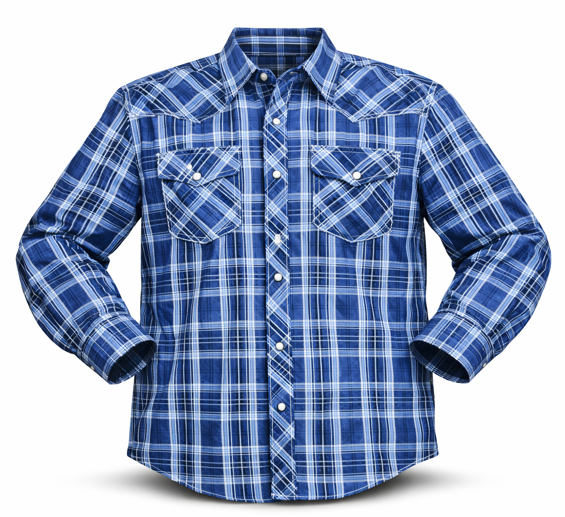 It doesn't get much anymore classic than a plaid pearl snap western shirt. Complete with two front flap pockets, pearl snap details in the vintage plaid pattern. These never go out of style, always a in style! Available in our Smyrna, TN shop just outside Nashville. Imported

Note: the Plaid colors Blue, Red, and Brown, or Black will always be the base color BUT the tones may change occasionally. The yokes ,snaps will be the same as well.

Details: Snaps, 2 Pockets, Yokes