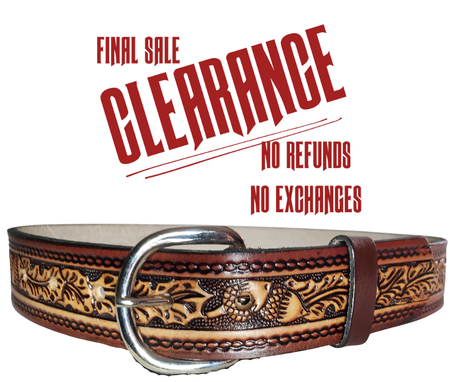 This leather belt features a gorgeous oak leaves and acorns design that stands out. The metal buckle is easily changed for convenience and comfort, making it a perfect addition to any outfit. The 1 1/4" belt is stocked in our Smyrna, TN store outside Nashville.