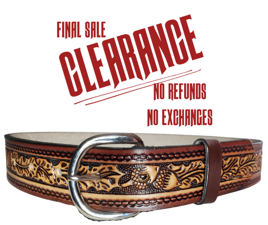This leather belt features a gorgeous oak leaves and acorns design that stands out. The metal buckle is easily changed for convenience and comfort, making it a perfect addition to any outfit. The 1 1/4" belt is stocked in our Smyrna, TN store outside Nashville.