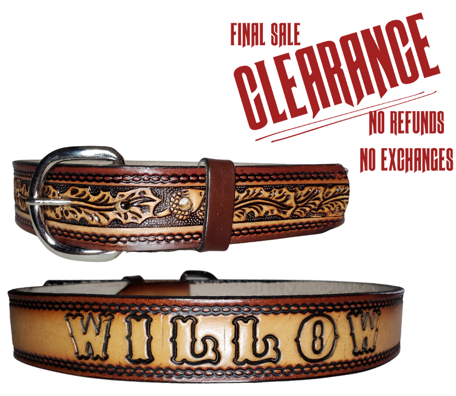 This leather belt features a gorgeous oak leaves and acorns design that stands out. The metal buckle is easily changed for convenience and comfort, making it a perfect addition to any outfit. The 1 1/4" belt is stocked in our Smyrna, TN store outside Nashville.