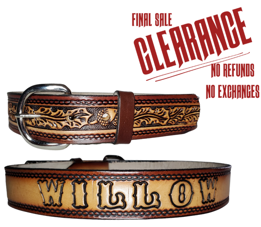 This leather belt features a gorgeous oak leaves and acorns design that stands out. The metal buckle is easily changed for convenience and comfort, making it a perfect addition to any outfit. The 1 1/4" belt is stocked in our Smyrna, TN store outside Nashville.