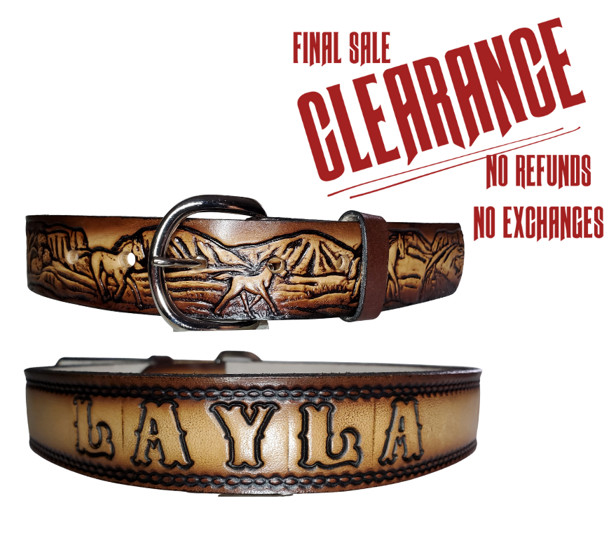 The Stallion Leather Kid's belt is for the one who loves Horses! It features a pattern that is sure to draw attention. The easy-change metal buckle makes for comfortable wear and makes it easy to add your own buckle. Perfect for adding a unique touch to any wardrobe. This belt is stocked in our shop outside Nashville in Smyrna, TN.