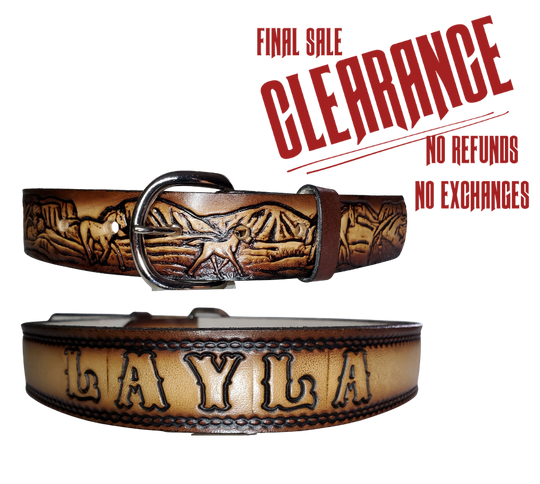 The Stallion Leather Kid's belt is for the one who loves Horses! It features a pattern that is sure to draw attention. The easy-change metal buckle makes for comfortable wear and makes it easy to add your own buckle. Perfect for adding a unique touch to any wardrobe. This belt is stocked in our shop outside Nashville in Smyrna, TN.