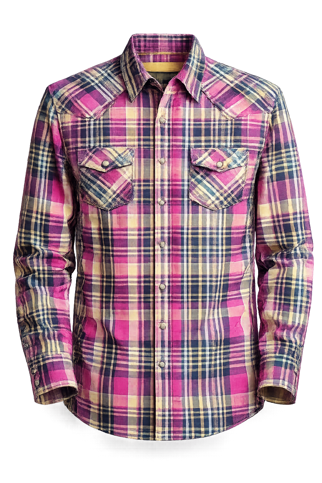 The Cowgirl Legend Ladies Spunky Plaid Shirt offered in long sleeve. A dominant hot pink is accented with yellows, whites, greens, and grays blended together in a traditional plaid pattern. Complete with two front flap pockets, and pearl snaps. These shirts are always in style,and especially if you want to keep Steve guessing what you&