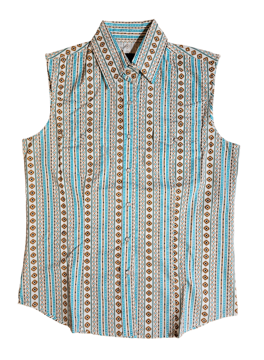 The Cowgirl Legend Ladies Southwestern Shirt offered in Sleeveless and Long Sleeve. Complete with two front flap pockets, pearl snap details in a classic southwest pattern. These are always in style! Available in our Smyrna, TN shop not far from the Miller Coliseum in Murfreesboro. Imported

Details: Pearl Snaps, 2 Pockets, Yokes, 100% Cotton
