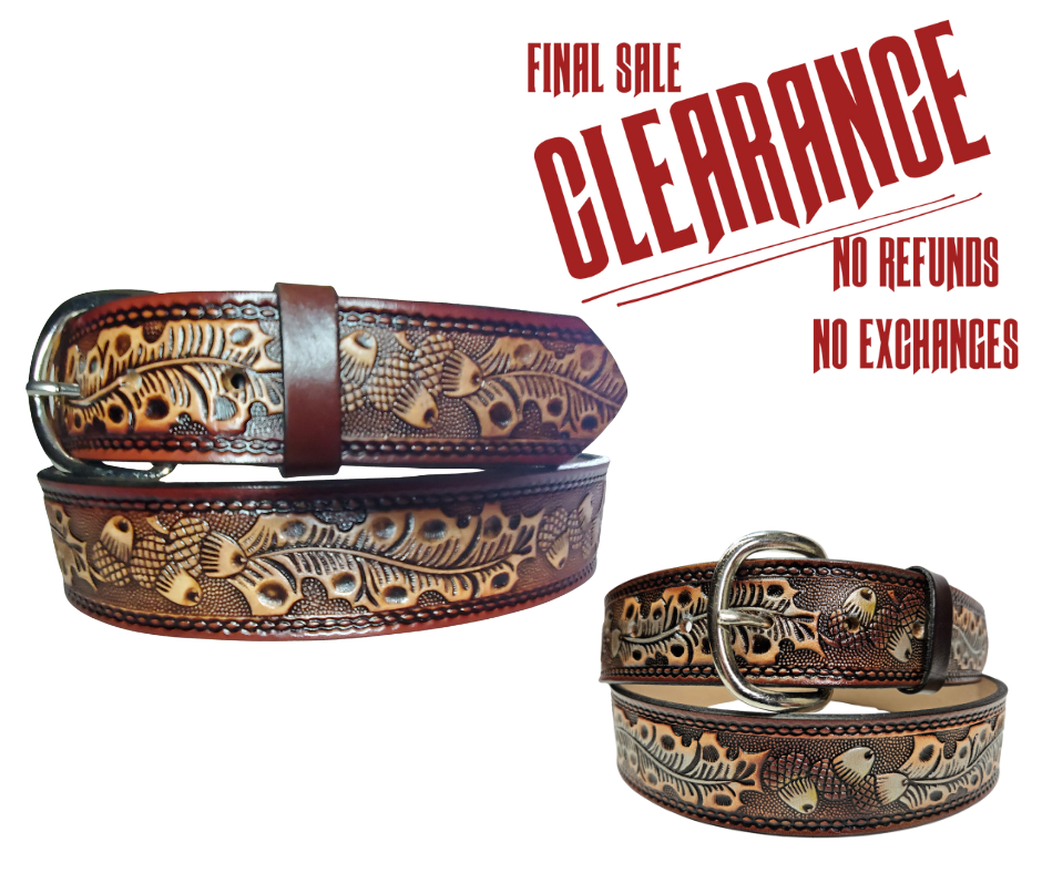 This Leather belt has The Classic Oak Scroll pattern in a Brown Antiqued finish. Available in a 1 1/2" width. Full grain vegetable tanned cowhide, Width 1 1/2" and includes Nickle plated buckle Smooth burnished painted edges. Made in USA! Buckle snaps in place for easy changing if desired. In stock at our Smyrna, TN shop.