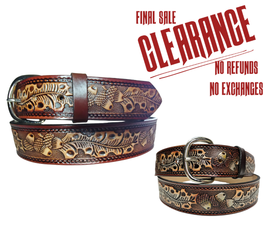 This Leather belt has The Classic Oak Scroll pattern in a Brown Antiqued finish. Available in a 1 1/2" width. Full grain vegetable tanned cowhide, Width 1 1/2" and includes Nickle plated buckle Smooth burnished painted edges. Made in USA! Buckle snaps in place for easy changing if desired. In stock at our Smyrna, TN shop.