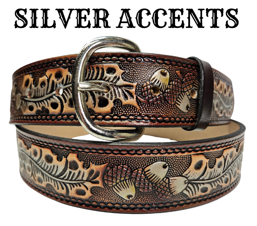 This Leather belt has The Classic Oak Scroll pattern in a Brown Antiqued finish. Available in a 1 1/2" width. Full grain vegetable tanned cowhide, Width 1 1/2" and includes Nickle plated buckle Smooth burnished painted edges. Made in USA! Buckle snaps in place for easy changing if desired. In stock at our Smyrna, TN shop.