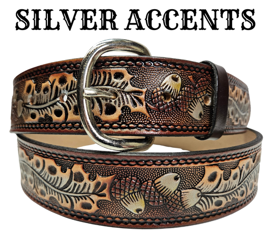 This Leather belt has The Classic Oak Scroll pattern in a Brown Antiqued finish. Available in a 1 1/2" width. Full grain vegetable tanned cowhide, Width 1 1/2" and includes Nickle plated buckle Smooth burnished painted edges. Made in USA! Buckle snaps in place for easy changing if desired. In stock at our Smyrna, TN shop.