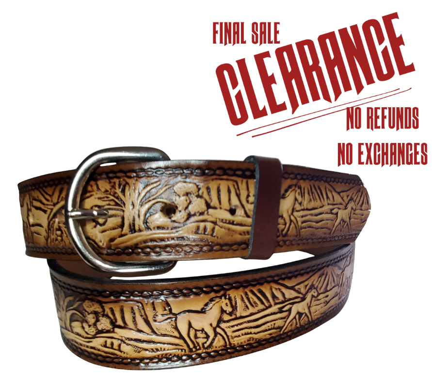 This stylish leather belt features Running Horses artwork that is sure to draw attention. The easy-change metal buckle makes for comfortable wear and makes it easy to adjust for size. Perfect for adding a unique touch to any wardrobe. This belt is stocked in our shop outside Nashville in Smyrna, TN.