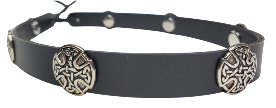 Black   Seven Celtic Concho and leather hatband is 3/4" wide by 23" (without tie string). Available in black or brown, pick one or a few. Fit's most any hat with adjustable bead and leather 1/8" string. Will fit most TOP HAT style and WESTERN crowned hats. Made in our Smyrna Tn. shop.