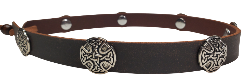 Distressed Brown Seven Celtic Concho leather hatband is 3/4" wide by 23" (without tie string). Available in black or brown, pick one or a few. Fit's most any hat with adjustable bead and leather 1/8" string. Will fit most TOP HAT style and WESTERN crowned hats. Made in our Smyrna Tn. shop.