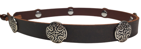 Distressed Brown Seven Celtic Concho leather hatband is 3/4" wide by 23" (without tie string). Available in black or brown, pick one or a few. Fit's most any hat with adjustable bead and leather 1/8" string. Will fit most TOP HAT style and WESTERN crowned hats. Made in our Smyrna Tn. shop.