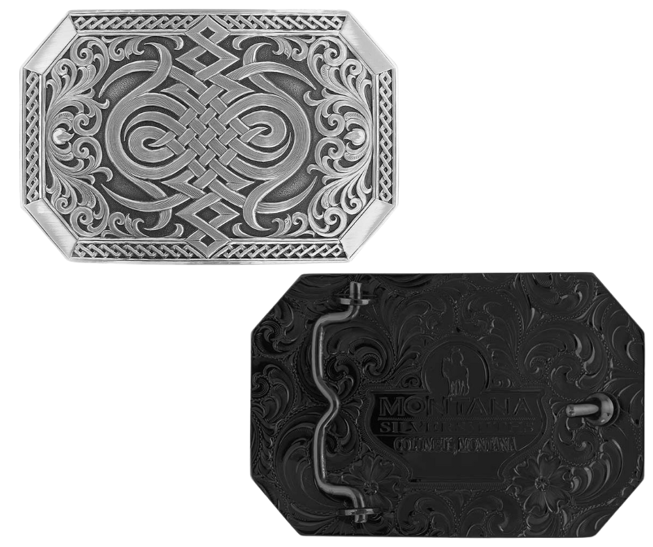 A Western inspired Celtic knot decorates the center of the buckle in a silver finish design, bookended by silver finished sideways heart's flame design with filigree scrollwork coming out from the sides. Repeating diamond pattern trim on the sides and finished 'corner' bars. The silver designs are with a deeper antiqued background. Standard 1.5in belt swivel approx. 2 1/2" x 3 3/4". Available at our Smyrna, TN just a short drive from downtown Nashville. Made by Montana Silversmith.