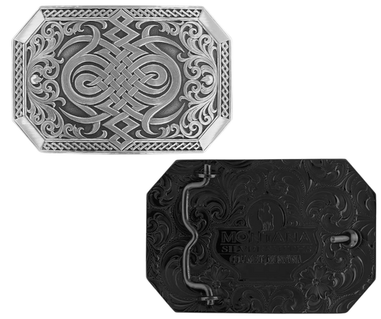 A Western inspired Celtic knot decorates the center of the buckle in a silver finish design, bookended by silver finished sideways heart's flame design with filigree scrollwork coming out from the sides. Repeating diamond pattern trim on the sides and finished 'corner' bars. The silver designs are with a deeper antiqued background. Standard 1.5in belt swivel approx. 2 1/2" x 3 3/4". Available at our Smyrna, TN just a short drive from downtown Nashville. Made by Montana Silversmith.