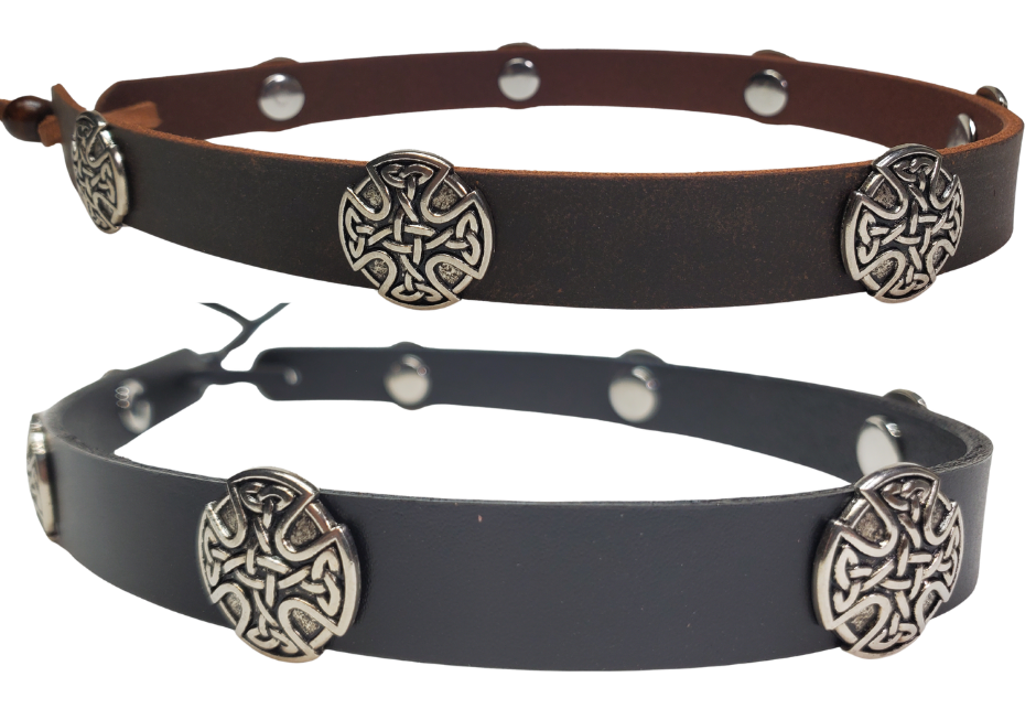 Seven Celtic Concho leather hatband is 3/4" wide by 23" (without tie string). Available in black or brown, pick one or a few. Fit's most any hat with adjustable bead and leather 1/8" string. Will fit most TOP HAT style and WESTERN crowned hats. Made in our Smyrna Tn. shop.