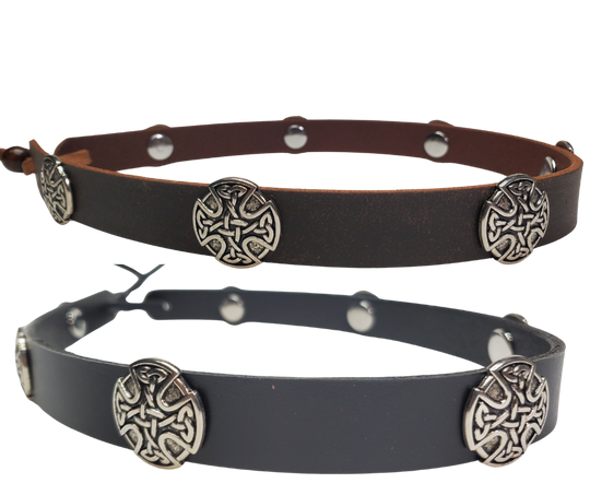 Seven Celtic Concho leather hatband is 3/4" wide by 23" (without tie string). Available in black or brown, pick one or a few. Fit's most any hat with adjustable bead and leather 1/8" string. Will fit most TOP HAT style and WESTERN crowned hats. Made in our Smyrna Tn. shop.