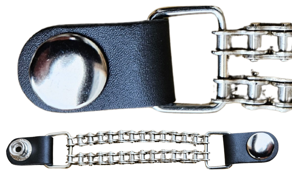 Vest Chains...a great accessory for your vest. Sure they look great but they offer some great options for your riding. In our experience most folks will use at least 2 but some will go with more, it's your choice. These options are the basic chrome plated double chain with leather ends (with exception of Single Chain). The average length is approx. 4"- 4 1/2" long. Snaps are attached with a leather folded part. Please note the ladies vests snap opposite side to the men. Each Sold Individually. 