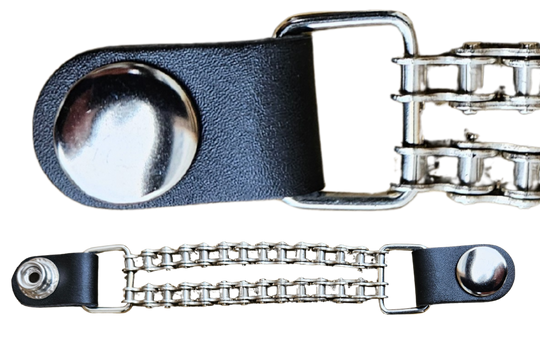 Vest Chains...a great accessory for your vest. Sure they look great but they offer some great options for your riding. In our experience most folks will use at least 2 but some will go with more, it's your choice. These options are the basic chrome plated double chain with leather ends (with exception of Single Chain). The average length is approx. 4"- 4 1/2" long. Snaps are attached with a leather folded part. Please note the ladies vests snap opposite side to the men. Each Sold Individually. 