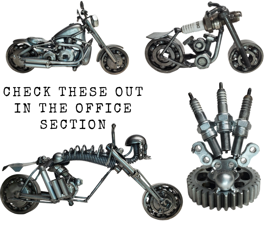 Looking for a unique way to enhance your office or MAN cave? Consider this one-of-a-kind metal art Drummer! It's the perfect gift for any Motorhead! Each piece is hand-crafted using sprockets, chains, nuts, bolts, washers, springs, and bearing wheels, making it a truly one-of-a-kind present. For exact measurements, check out the photo. You can find these METAL artwork pieces at our Smyrna store, located just minutes from Nashville, TN.