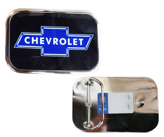 Officially licensed by GM General Motors. This Chevy Bowtie Black Blue Belt Buckle. Built with durable craftsmanship and a polished finish, perfect for Chevy enthusiasts who want to wear their loyalty with western-inspired confidence. Made in the USA. You can find it in our shop conveniently located in Smyrna, TN, just outside of Nashville.

Features:
-Durable metal composition for long-lasting wear
-Measures 3.6 x 2.38 inches
-Fits a 1.5-inch wide belt
-USA made and officially licensed by GM General M