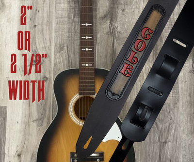 Acoustic Guitars and Great Songs and Lyrics have been staple for years in Country music!  "This 2" or 2 1/2" wide Guitar Strap is a nod to that classic influence. The main Body of the strap is approx. 1/8" thick Black Leather with a CUSTOMIZABLE LEATHER NAME PATCH. The classic adjustment style goes from approx. 42" to 56" at it's longest . Made just outside Nashville in our Smyrna, TN. shop. It will need a bit of time to "break in" but will get a great patina over time.  
