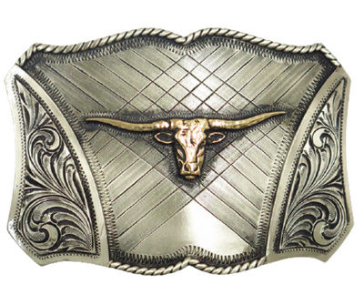The Chisholm Trail buckle is made from German Silver (nickel and brass alloy) or iron metal base. Each piece is punched, cut, soldered, engraved, polished and painted by our talented metal workers.  Our products are all handcrafted. Finally each piece is covered with a heat sealed lacquer to ensure the piece's long lasting qualities. Available at our Smyrna, TN shop just outside of Nashville.