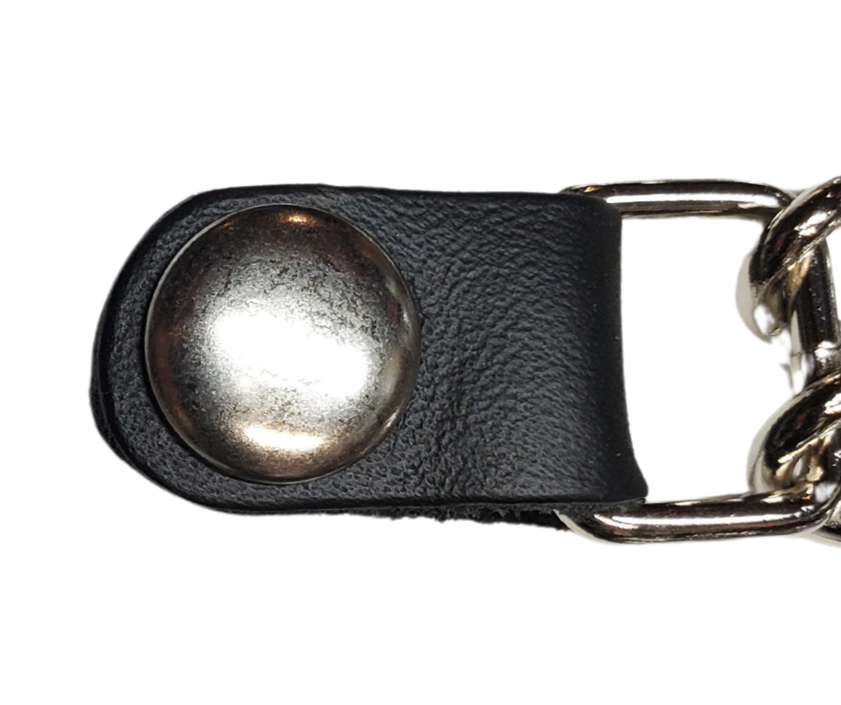 Vest Chains...a great accessory for your vest. Sure they look great but they offer some great options for your riding. In our experience most folks will use at least 2 but some will go with more, it's your choice. These options are the basic chrome plated double chain with leather ends (with exception of Single Chain). The average length is approx. 4"- 4 1/2" long. Snaps are attached with a leather folded part. Please note the ladies vests snap opposite side to the men. Each Sold Individually. 