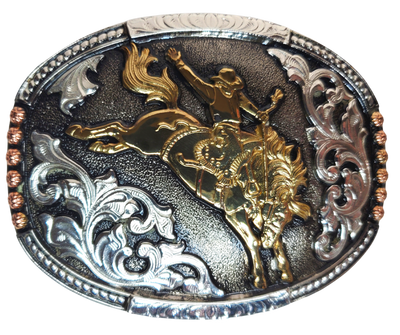 Experience the wild West with The "Chute" Buckle! It's 2 1/2" x 3 1/2" oval shape features a bronc rider, copper and brass accents, an intricate scroll design, and rope edge that'll show off your rodeo fandom. Can you ride 8 seconds? Find out and get yours online or in our shop in Smyrna, TN, just outside of Nashville! Imported