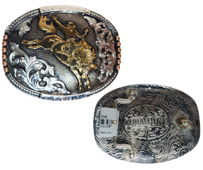 Experience the wild West with The "Chute" Buckle! It's 2 1/2" x 3 1/2" oval shape features a bronc rider, copper and brass accents, an intricate scroll design, and rope edge that'll show off your rodeo fandom. Can you ride 8 seconds? Find out and get yours online or in our shop in Smyrna, TN, just outside of Nashville! Imported