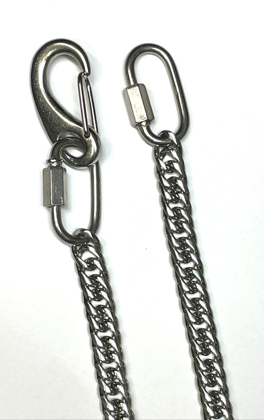 Our Locked-In Stainless Steel Wallet chain says you like items that are built to last. This Stainless Steel Chain is Simple but Sturdy and will keep your wallet where it needs to be. The sturdy halter snap hook attaches to your jeans and the locking carabiner securely attaches to your wallet. Stainless Steel will not chip or peel like like normal chains. Ride down and get yours in our shop just outside Nashville in Smyrna, TN.

27 1/2" Total Length
Solid Stainless Steel
Weight 7oz.