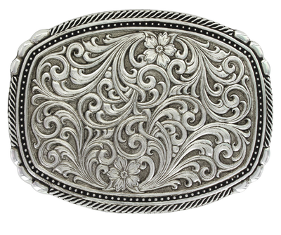 <span data-mce-fragment="1">&nbsp;</span>This buckle features a beautiful Intricate Western Scroll pattern as the main design. Its antiqued curved rectangular shape is accented with twisted silver finished rope edging and high-domed beads, framing the bright cut Western scroll design. It can fit a standard 1.5 inch belt and measures approximately 3 3/4"" across x 3" tall. You can find it at our Smyrna, TN location, just a short drive from downtown Nashville. Made by Montana Silversmith.