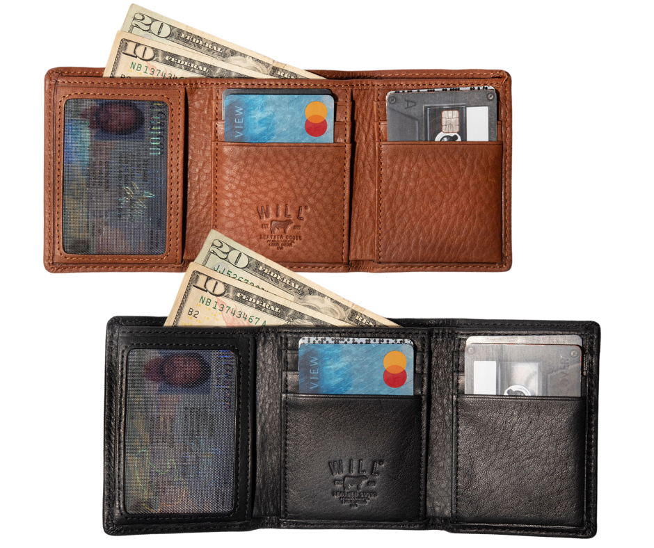 The Classic Billfold Wallet no nonsense trifold design reinforced with double stitched pockets. Full Grain, Vegetable Tanned “Natural Shrunken” Leather with Poly Twill plaid lining. Compact 4” x 3” x .75” size, metal mesh ID window, six card slots with two lined pockets tucked beneath them. Pick yours up at our local Smyrna, TN store not far from Franklin. Made by Will Leather, Imported.