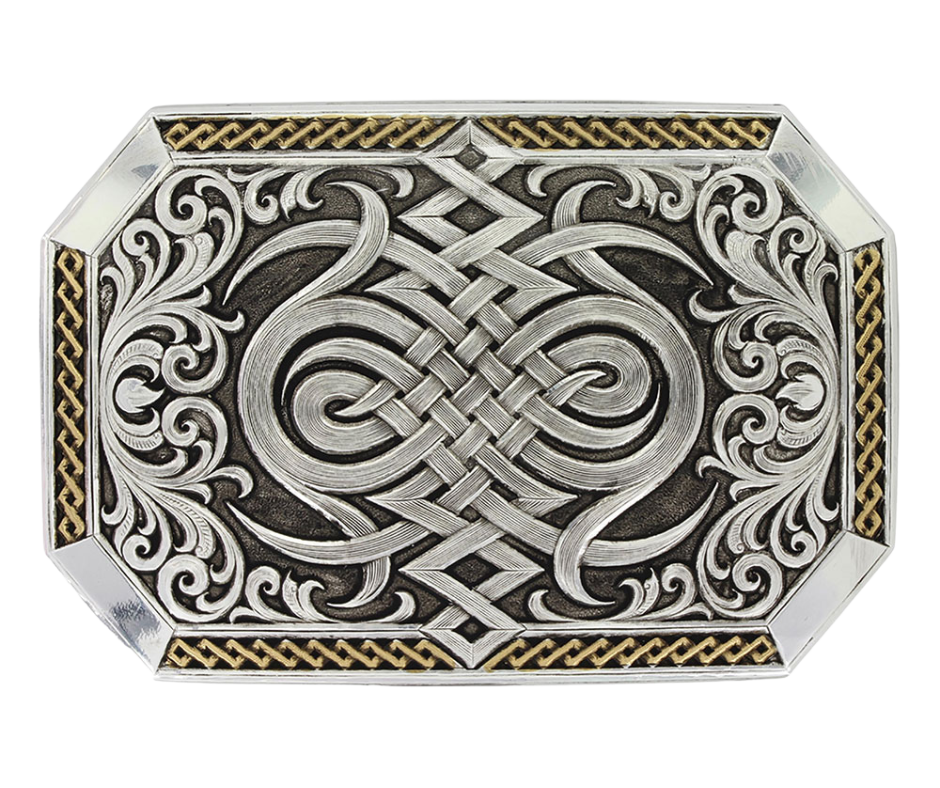 A Western inspired Celtic knot decorates the center of the buckle in a silver finish design, bookended by silver finished sideways heart's flame design with filigree scrollwork coming out from the sides. The silver designs with deeper antiqued background, deep yellow gold finish with a repeating diamond pattern trim on the sides and finished 'corner' bars. Standard 1.5 inch belt swivel and is approx. 2 1/2" x 3 3/4". Available at our Smyrna, TN just a short drive from downtown Nashville. 