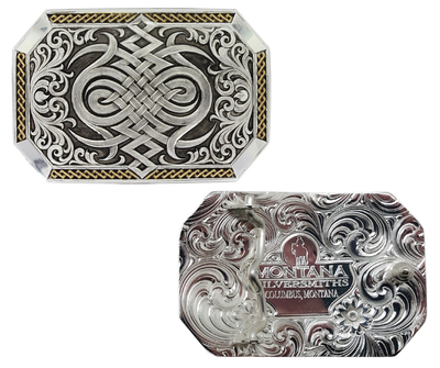 A Western inspired Celtic knot decorates the center of the buckle in a silver finish design, bookended by silver finished sideways heart's flame design with filigree scrollwork coming out from the sides. The silver designs with deeper antiqued background, deep yellow gold finish with a repeating diamond pattern trim on the sides and finished 'corner' bars. Standard 1.5 inch belt swivel and is approx. 2 1/2" x 3 3/4". Available at our Smyrna, TN just a short drive from downtown Nashville. 