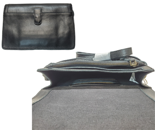 The Aubry leather handbag is available at our Smyrna, TN shop not far from Nashville. The main compartment zips closed, is lined with a sturdy fabric & has 5 inside card slots. Two stacked open pockets, a zippered pocket followed by 2 more slit pockets on the very front. All gets covered by a large flap with a magnetic clasp. On the backside of this organizers dream is yet another open pocket held in place with a narrow piece of leather with a magnetic closure.
Bag size: 8.5” x5” x 2”
54" adjustable strap 