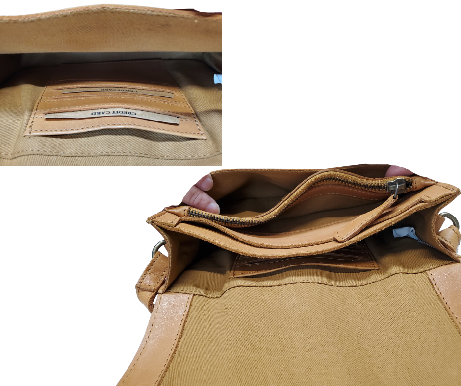 The Aubry leather handbag is available at our Smyrna, TN shop not far from Nashville. The main compartment zips closed, is lined with a sturdy fabric & has 5 inside card slots. Two stacked open pockets, a zippered pocket followed by 2 more slit pockets on the very front. All gets covered by a large flap with a magnetic clasp. On the backside of this organizers dream is yet another open pocket held in place with a narrow piece of leather with a magnetic closure.
Bag size: 8.5” x5” x 2”
54" adjustable strap 