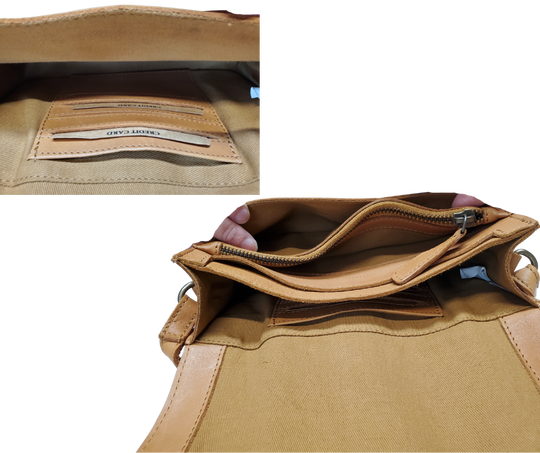 The Aubry leather handbag is available at our Smyrna, TN shop not far from Nashville. The main compartment zips closed, is lined with a sturdy fabric & has 5 inside card slots. Two stacked open pockets, a zippered pocket followed by 2 more slit pockets on the very front. All gets covered by a large flap with a magnetic clasp. On the backside of this organizers dream is yet another open pocket held in place with a narrow piece of leather with a magnetic closure.
Bag size: 8.5” x5” x 2”
54" adjustable strap 
