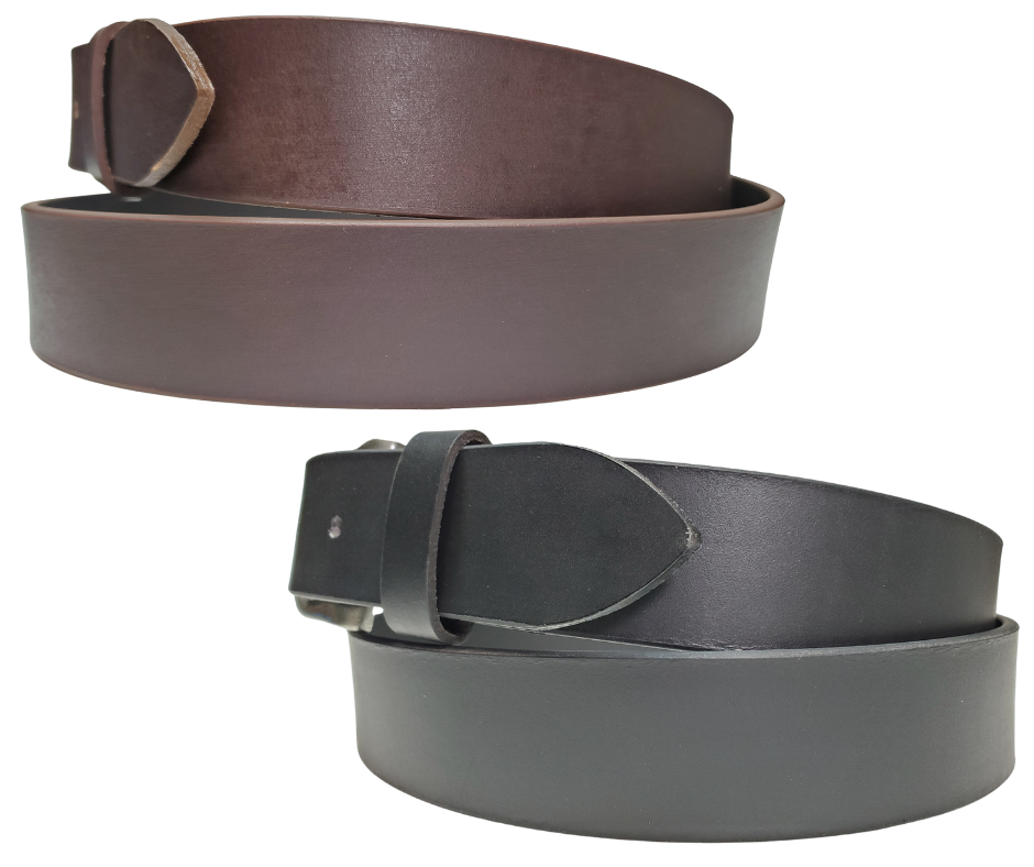 Side view of both black and brown Associate Leather Belts. Part of our imported collection of belts, hanging out at our Smyrna TN shop!