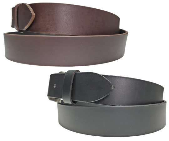 Side view of both black and brown Associate Leather Belts. Part of our imported collection of belts, hanging out at our Smyrna TN shop!