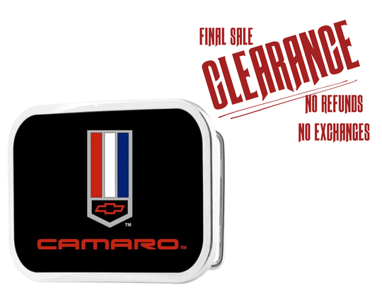 Officially licensed by by GM General Motors. This Chevy Camaro Logo Black Belt Buckle. Built with durable craftsmanship and a polished finish, perfect for Hot Rod enthusiasts who want to wear their loyalty with western-inspired confidence. Made in the USA. You can find it in our shop conveniently located in Smyrna, TN, just outside of Nashville.

Features:
-Durable metal composition for long-lasting wear
-Measures 3.6 x 2.38 inches
-Fits a 1.5-inch wide belt
-USA made and officially licensed by GM Motors