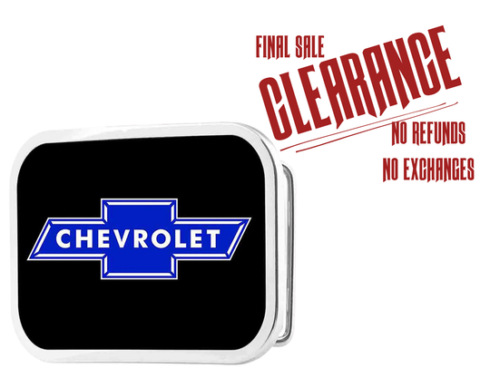 Officially licensed by GM General Motors. This Chevy Bowtie Black Blue Belt Buckle. Built with durable craftsmanship and a polished finish, perfect for Chevy enthusiasts who want to wear their loyalty with western-inspired confidence. Made in the USA. You can find it in our shop conveniently located in Smyrna, TN, just outside of Nashville.

Features:
-Durable metal composition for long-lasting wear
-Measures 3.6 x 2.38 inches
-Fits a 1.5-inch wide belt
-USA made and officially licensed by GM General M