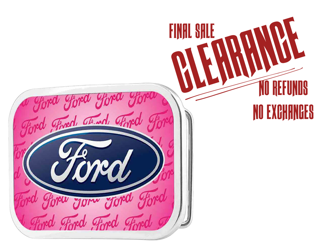 Officially licensed by Ford. It showcases the timeless strength and heritage of the Ford brand. Classic Ford logo in Pink with durable craftsmanship. Made in the USA. You can find it in our shop conveniently located in Smyrna, TN, just outside of Nashville.

Features:
-Durable metal composition for long-lasting wear
-Measures 3.6 x 2.38 inches
-Fits a 1.5-inch wide belt
-USA made and officially licensed by GM General Motors