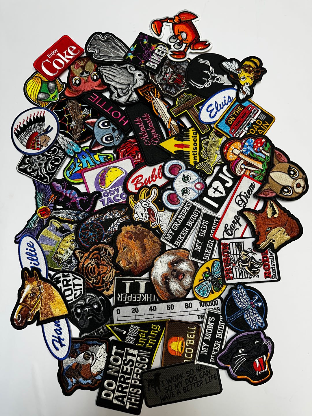 Iron on or sew on patches in packs of 10 or 20 pieces. We will pick the best assortment of a wide range of types from animals, biker, humor. These are all "clean" themes and words with a average size of 2" to 3" in size. Stocked in our Smyrna, TN shop.