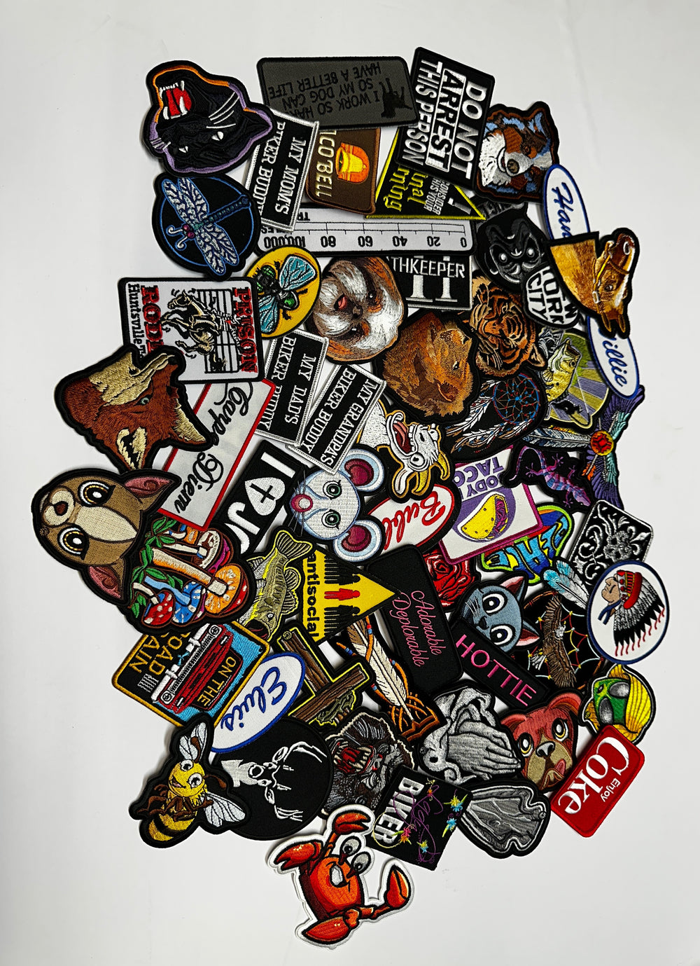 Iron on or sew on patches in packs of 10 or 20 pieces. We will pick the best assortment of a wide range of types from animals, biker, humor. These are all "clean" themes and words with a average size of 2" to 3" in size. Stocked in our Smyrna, TN shop.