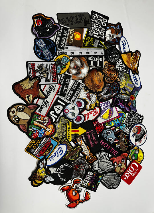 Iron on or sew on patches in packs of 10 or 20 pieces. We will pick the best assortment of a wide range of types from animals, biker, humor. These are all "clean" themes and words with a average size of 2" to 3" in size. Stocked in our Smyrna, TN shop.