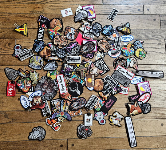 Iron on or sew on patches in packs of 10 or 20 pieces. We will pick the best assortment of a wide range of types from animals, biker, humor. These are all "clean" themes and words with a average size of 2" to 3" in size. Stocked in our Smyrna, TN shop.